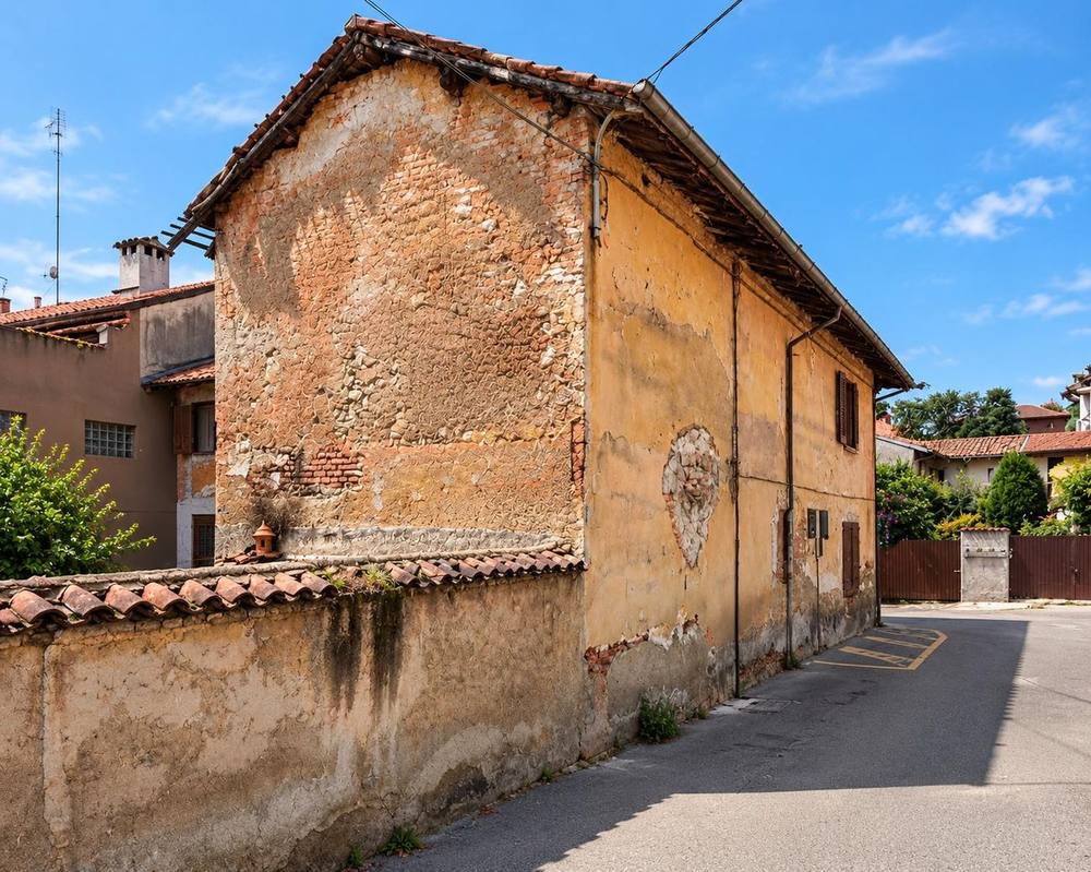 Casa in corte prima della demolizione, vista dall’angolo della strada, Legnano (MI)